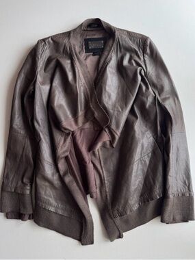 Small MACKAGE Leather Knit-Trim Open Front Jacket - Brown